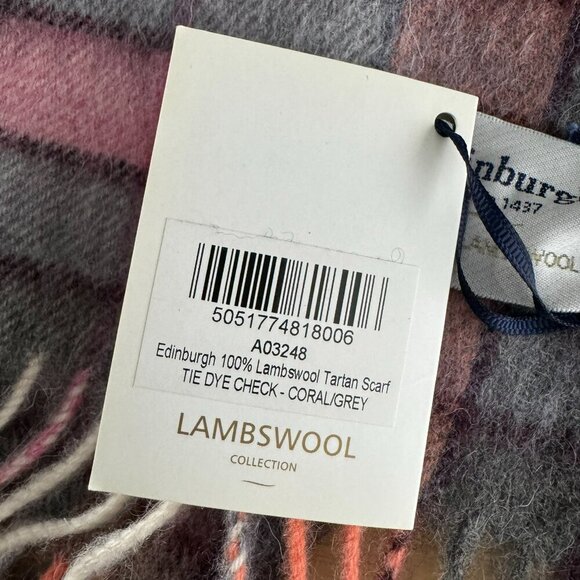 Edinburgh Scarf Lambswool Tartan Plaid Check Coral Grey NWT MC-79 - Picture 10 of 10